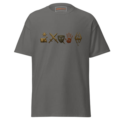 Front view of the Oblivion Mages Guild Shirt – Arcane Emblem Design with chest row of arcane symbols