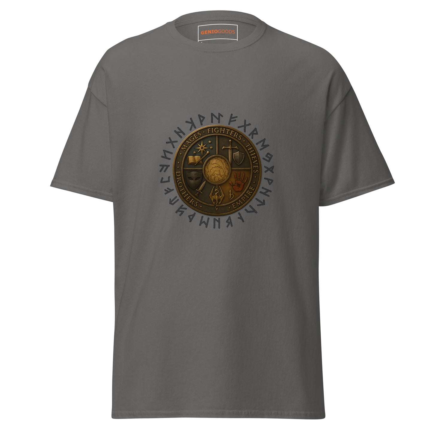 Front view of the Charcoal Oblivion Guilds Shirt – Faction Crest Design with circular faction crest on the chest