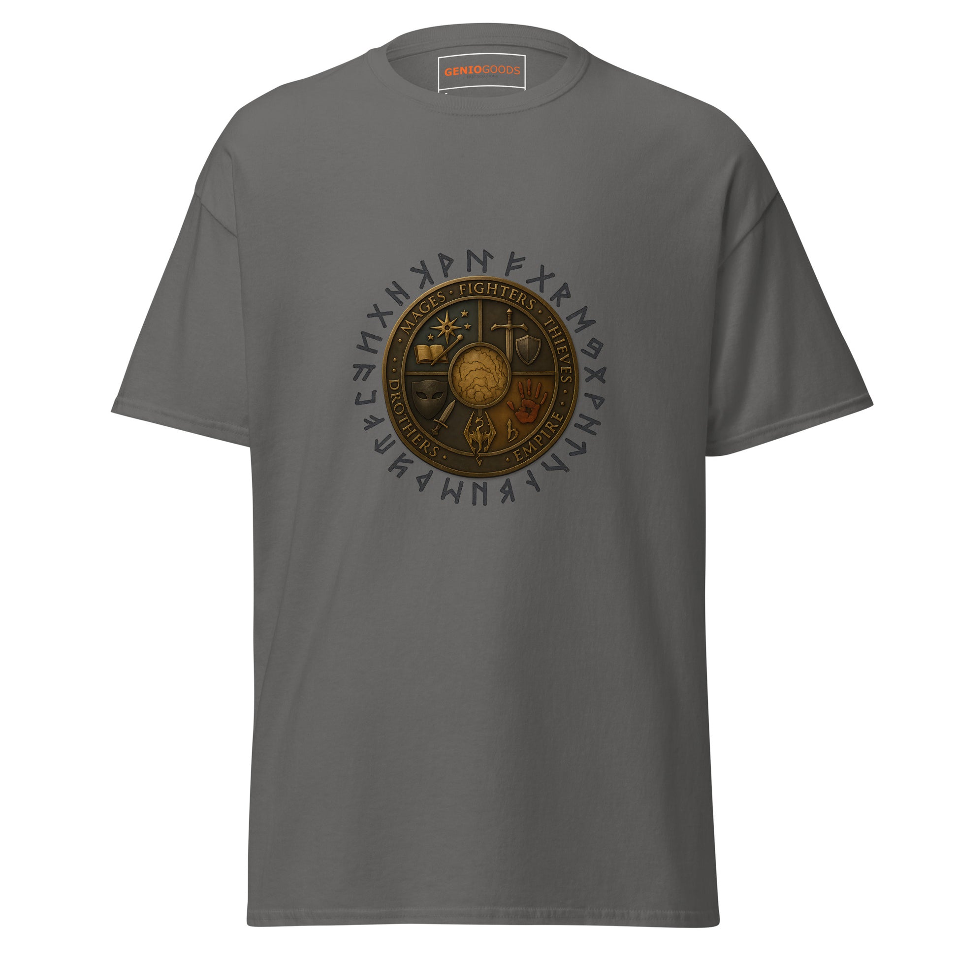 Front view of the Charcoal Oblivion Guilds Shirt – Faction Crest Design with circular faction crest on the chest