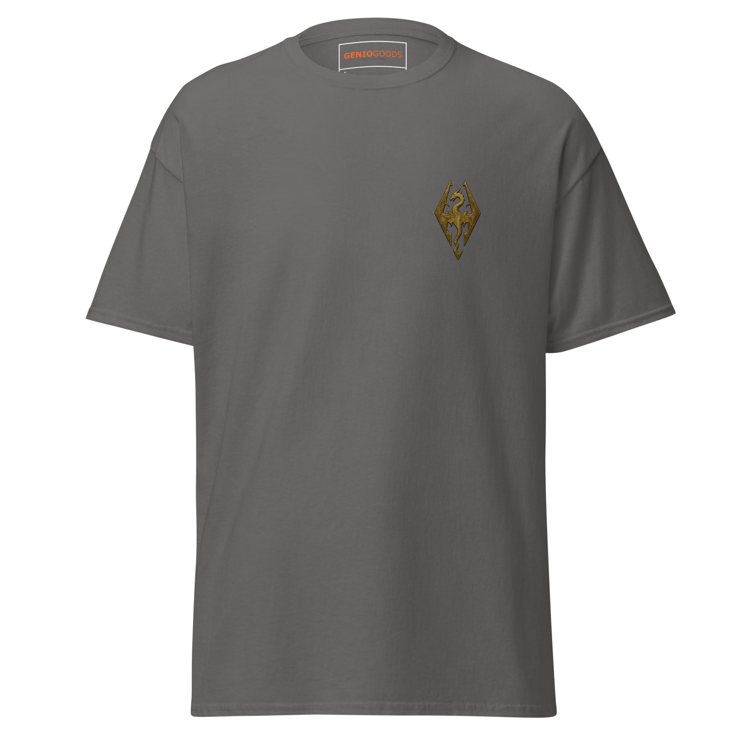Front view of the Charcoal Oblivion Imperial City Shirt – White Gold Tower Design with small chest emblem on the front