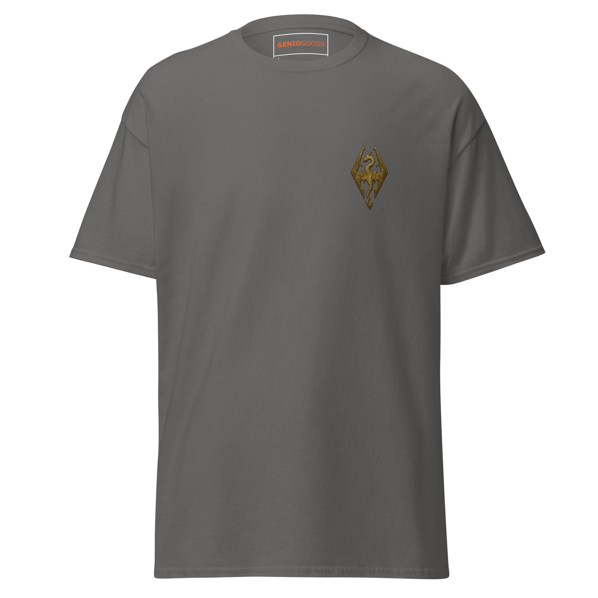 Front view of the Charcoal Oblivion Imperial City Shirt – White Gold Tower Design with small chest emblem on the front