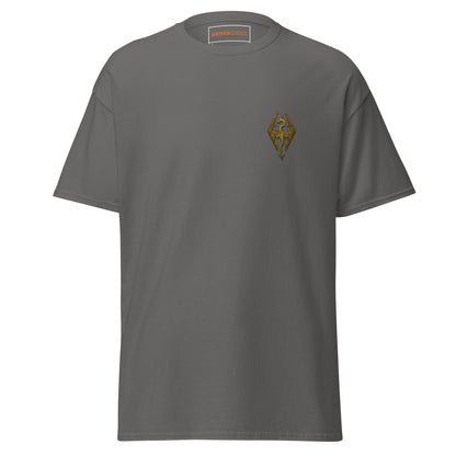 Front view of the Charcoal Oblivion Imperial City Shirt – White Gold Tower Design with small chest emblem on the front