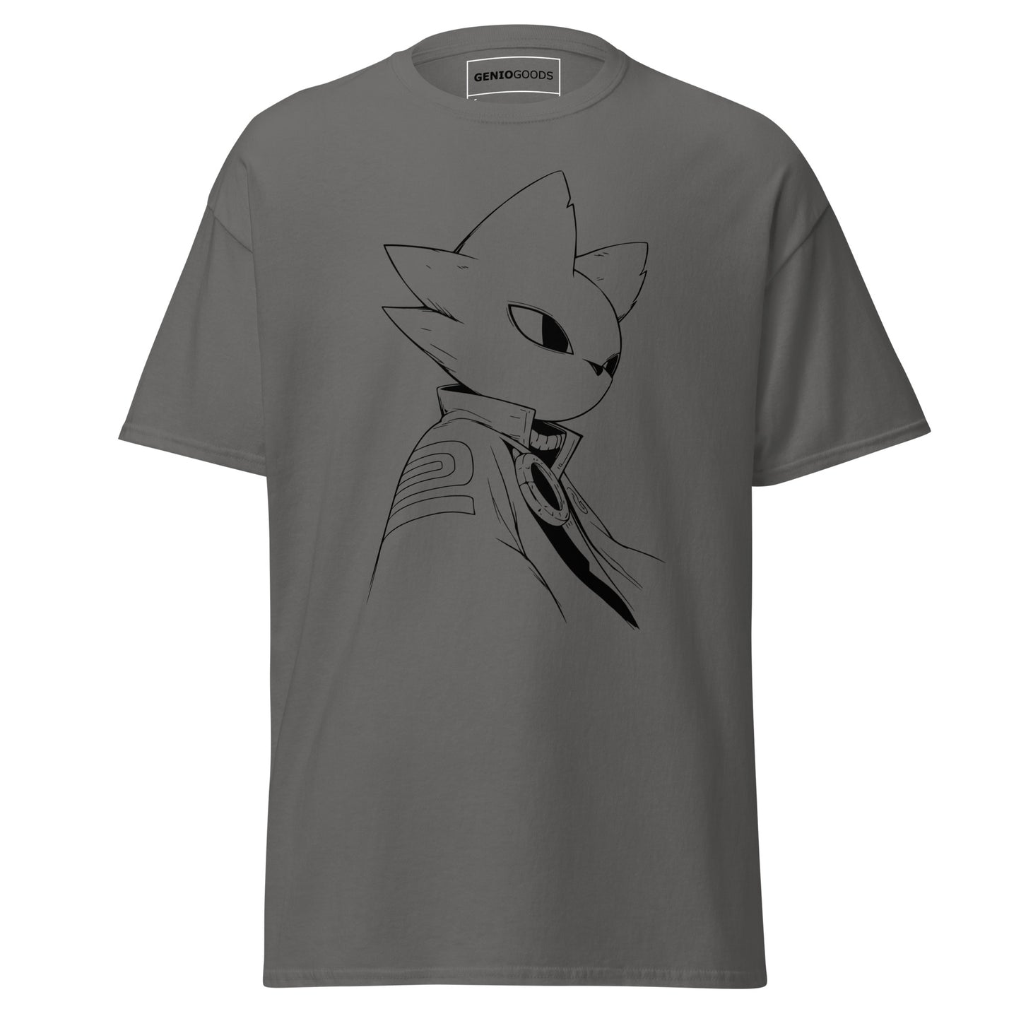 Front view of the charcoal Nine Sols Silent Resolve Taopunk Portrait T-Shirt featuring a minimalist taopunk character portrait on black fabric