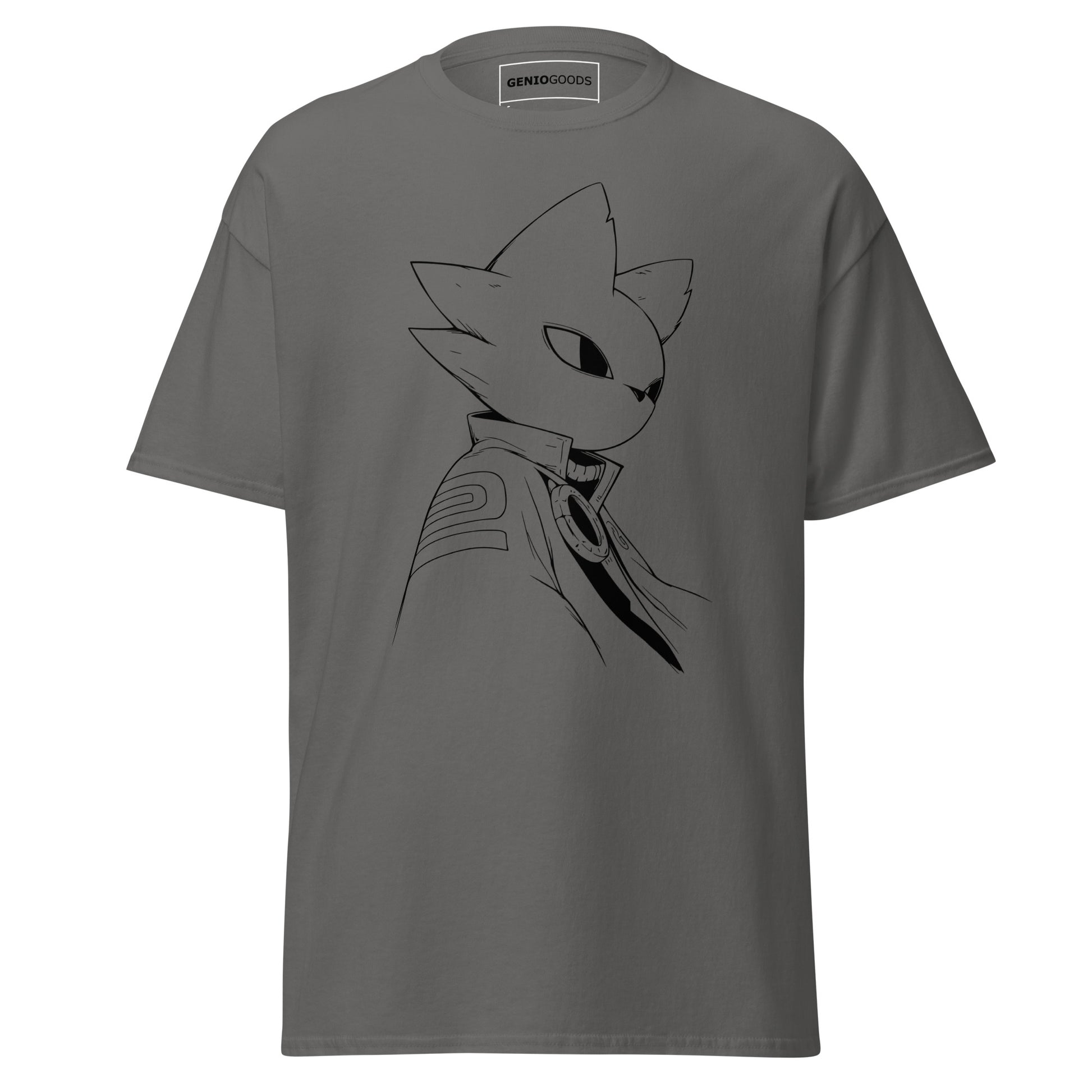 Front view of the charcoal Nine Sols Silent Resolve Taopunk Portrait T-Shirt featuring a minimalist taopunk character portrait on black fabric
