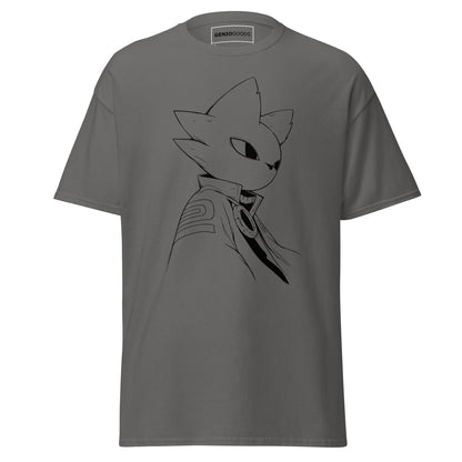 Front view of the charcoal Nine Sols Silent Resolve Taopunk Portrait T-Shirt featuring a minimalist taopunk character portrait on black fabric