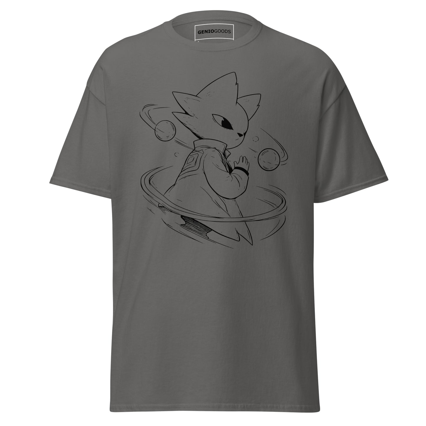 Front view of the charcoal Nine Sols Orbiting Focus Taopunk Motion graphic tee featuring a minimalist taopunk figure with orbiting rings
