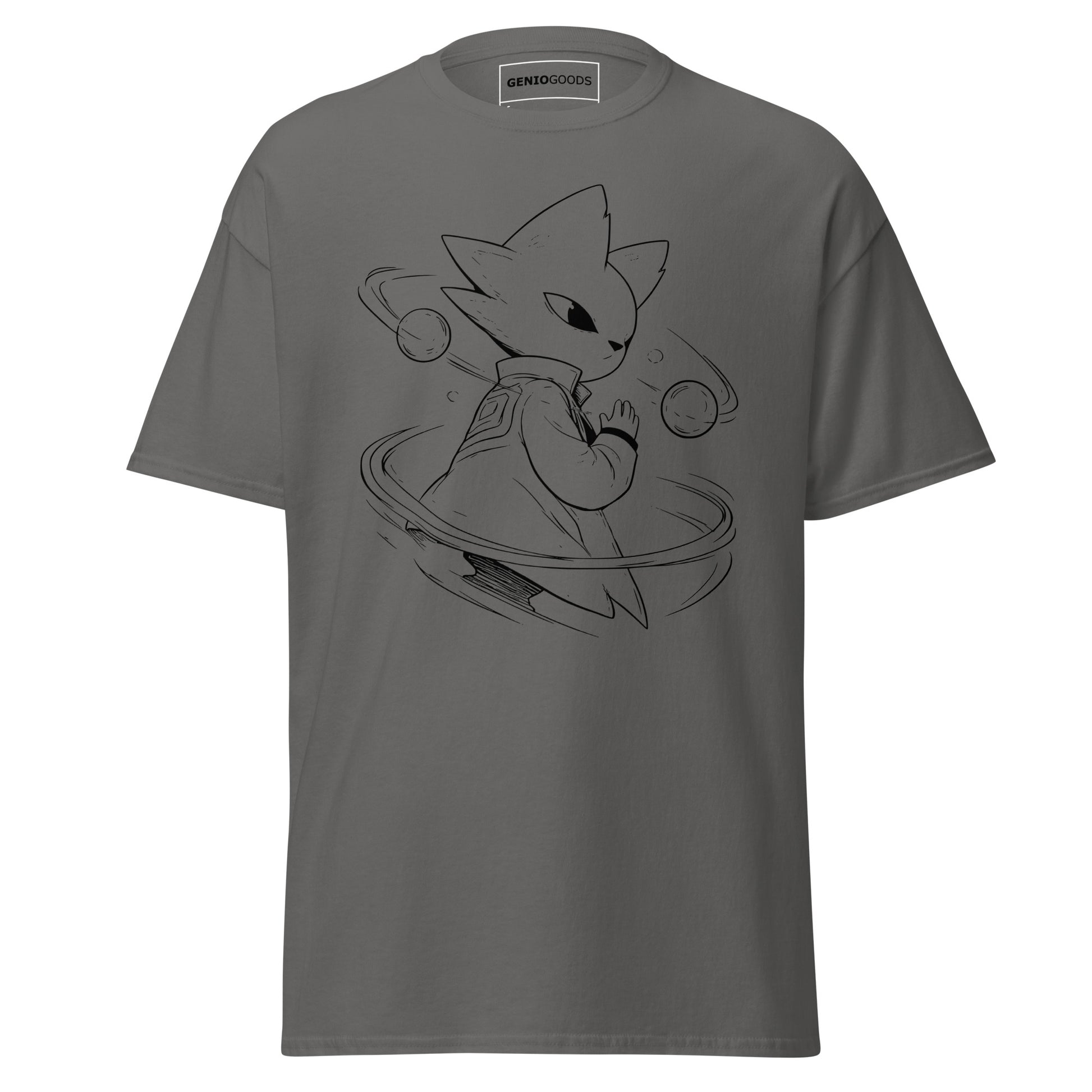 Front view of the charcoal Nine Sols Orbiting Focus Taopunk Motion graphic tee featuring a minimalist taopunk figure with orbiting rings