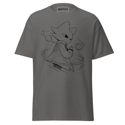 Front view of the charcoal Nine Sols Orbiting Focus Taopunk Motion graphic tee featuring a minimalist taopunk figure with orbiting rings