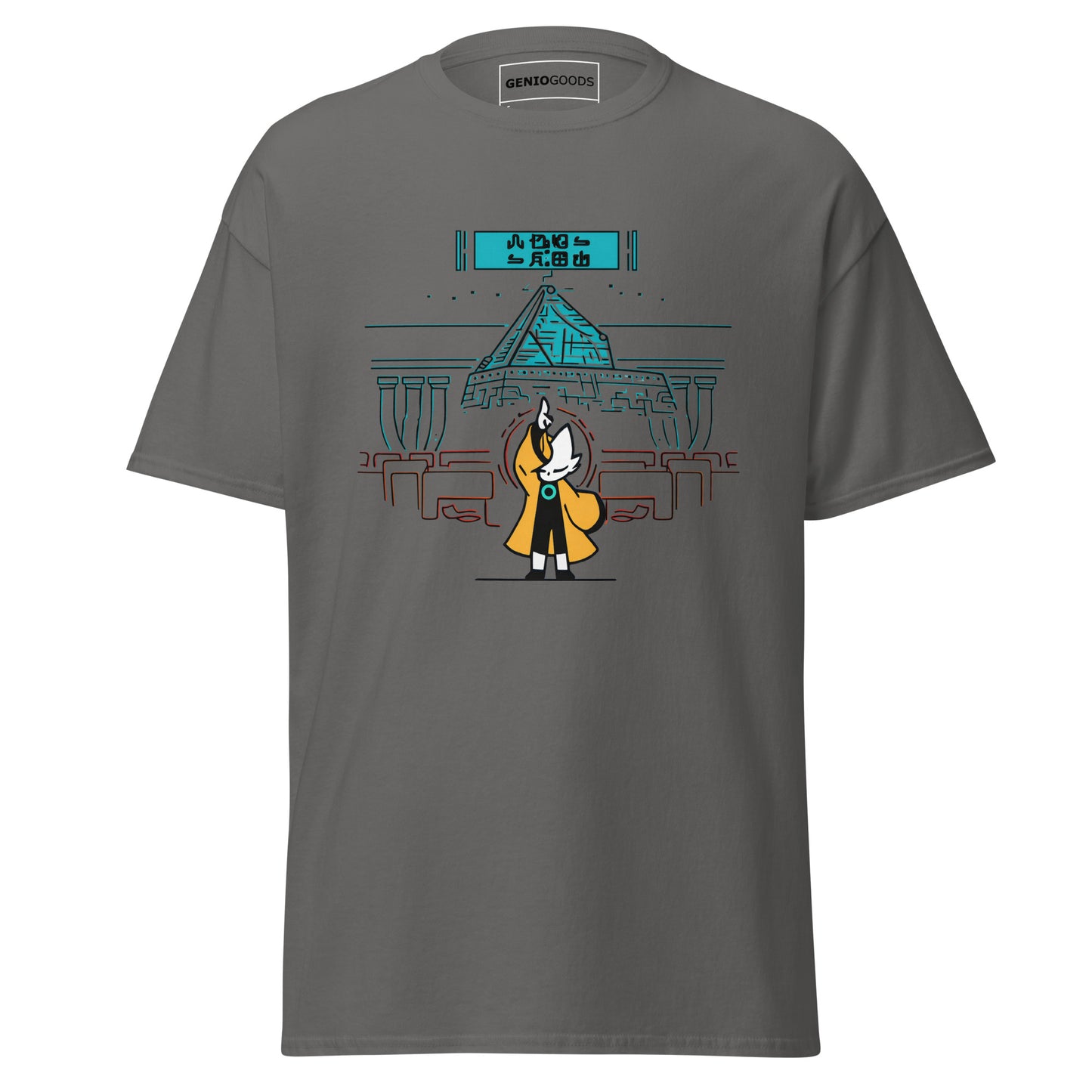 Front view of the charcoal Nine Sols Taopunk Tee Shrine of Silent Presence featuring a minimalist shrine scene in taopunk style