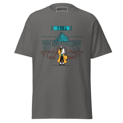 Front view of the charcoal Nine Sols Taopunk Tee Shrine of Silent Presence featuring a minimalist shrine scene in taopunk style