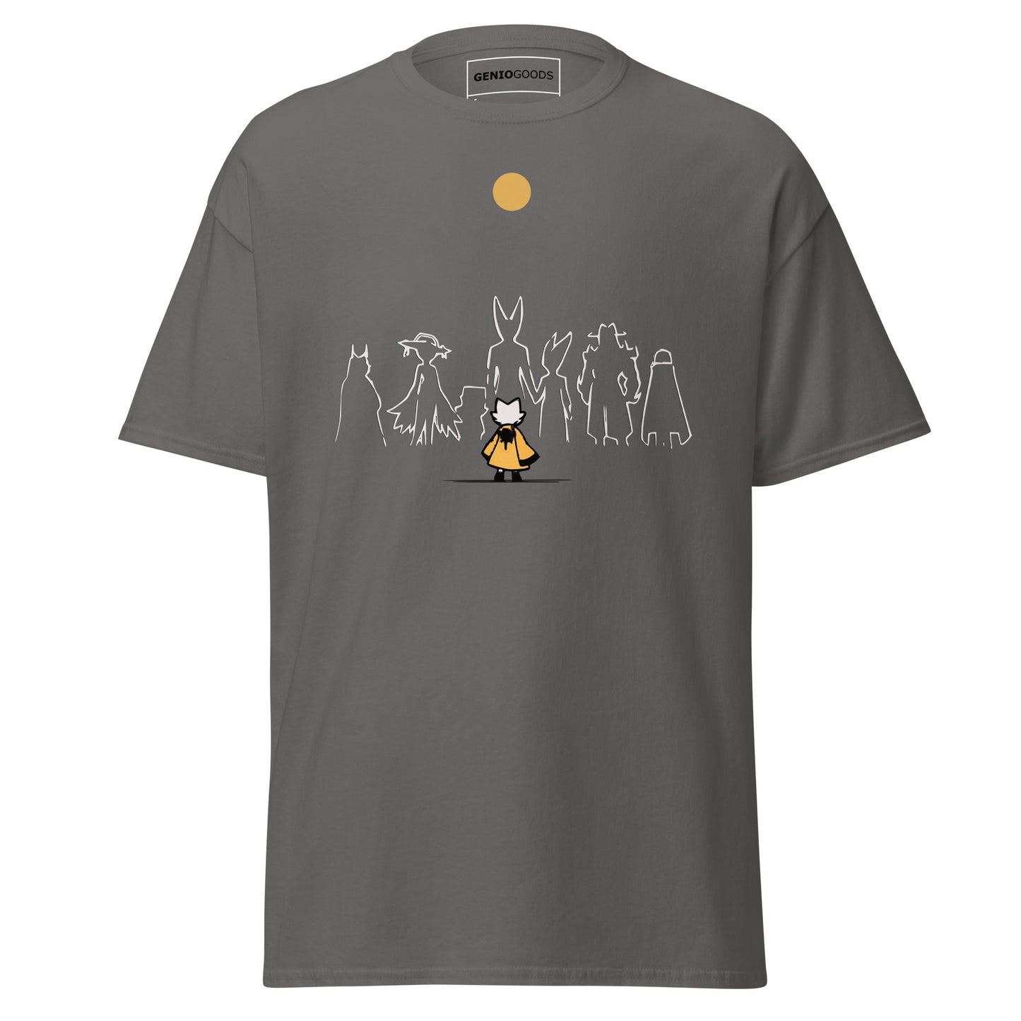 Front view of the charcoal Nine Sols Under the Golden Sol character tee featuring a minimalist line art group beneath a golden sun