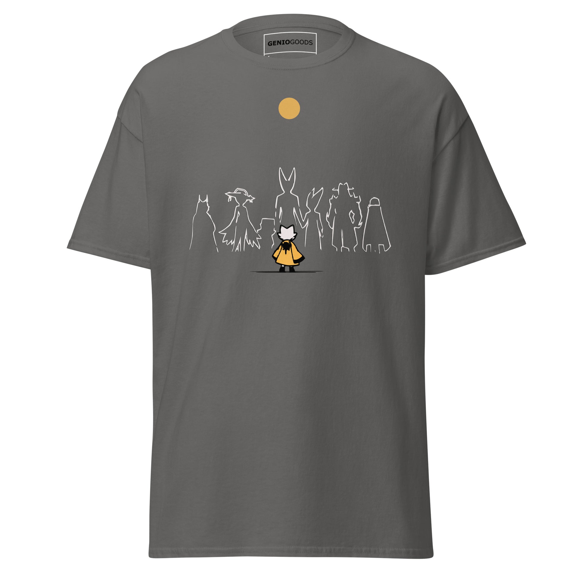Front view of the charcoal Nine Sols Under the Golden Sol character tee featuring a minimalist line art group beneath a golden sun