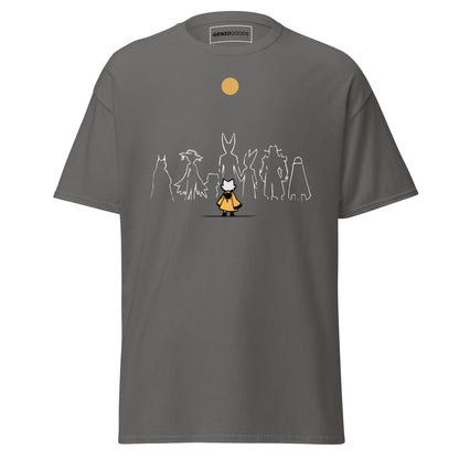 Front view of the charcoal Nine Sols Under the Golden Sol character tee featuring a minimalist line art group beneath a golden sun