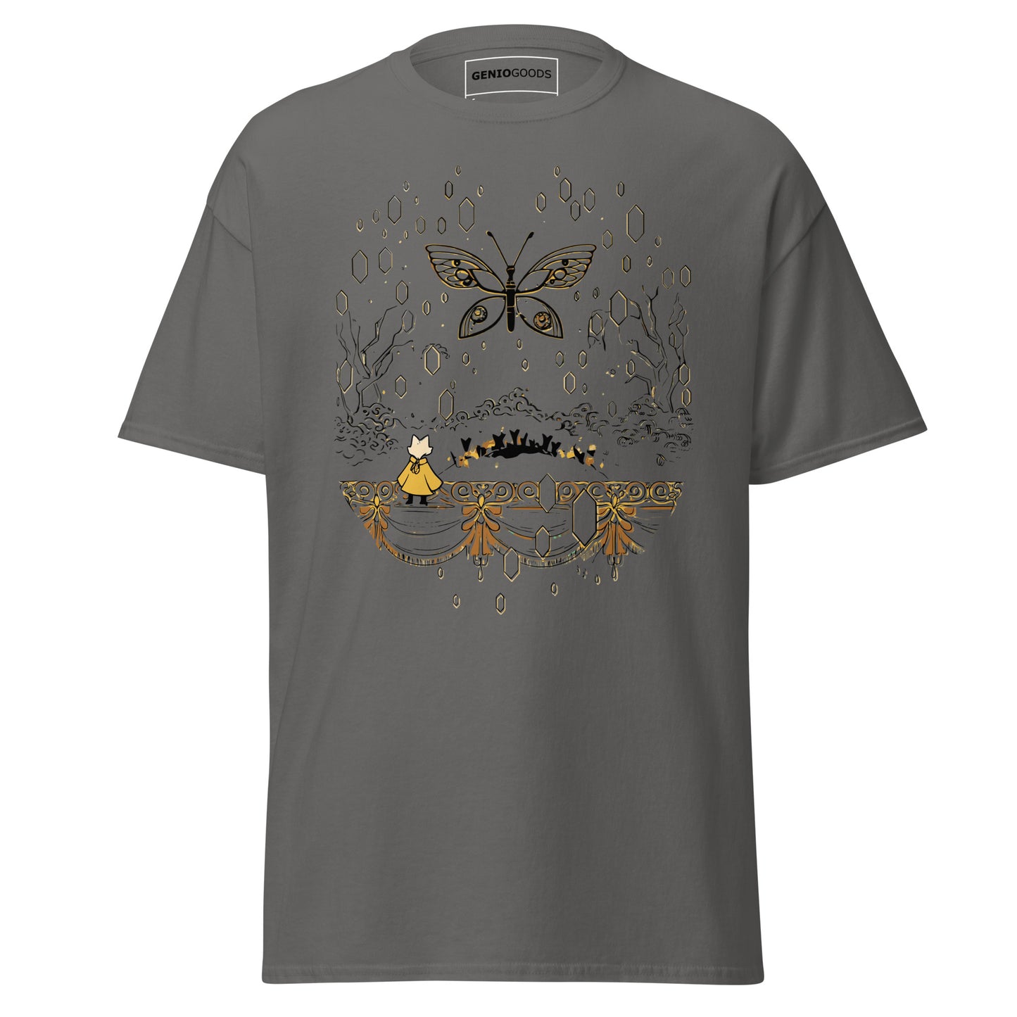 Front view of the charcoal Nine Sols Butterfly Tee Golden Echo featuring a golden butterfly above an ornate shrine scene