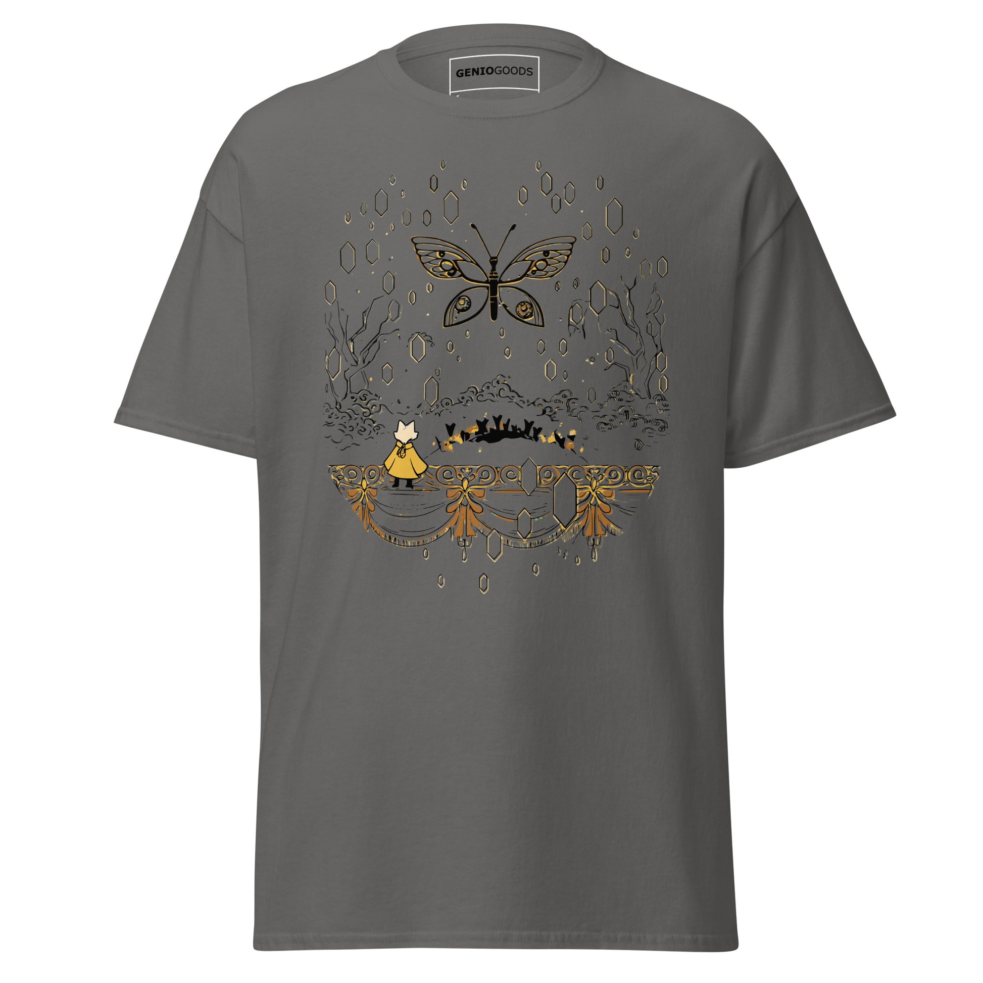 Front view of the charcoal Nine Sols Butterfly Tee Golden Echo featuring a golden butterfly above an ornate shrine scene
