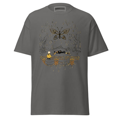 Front view of the charcoal Nine Sols Butterfly Tee Golden Echo featuring a golden butterfly above an ornate shrine scene