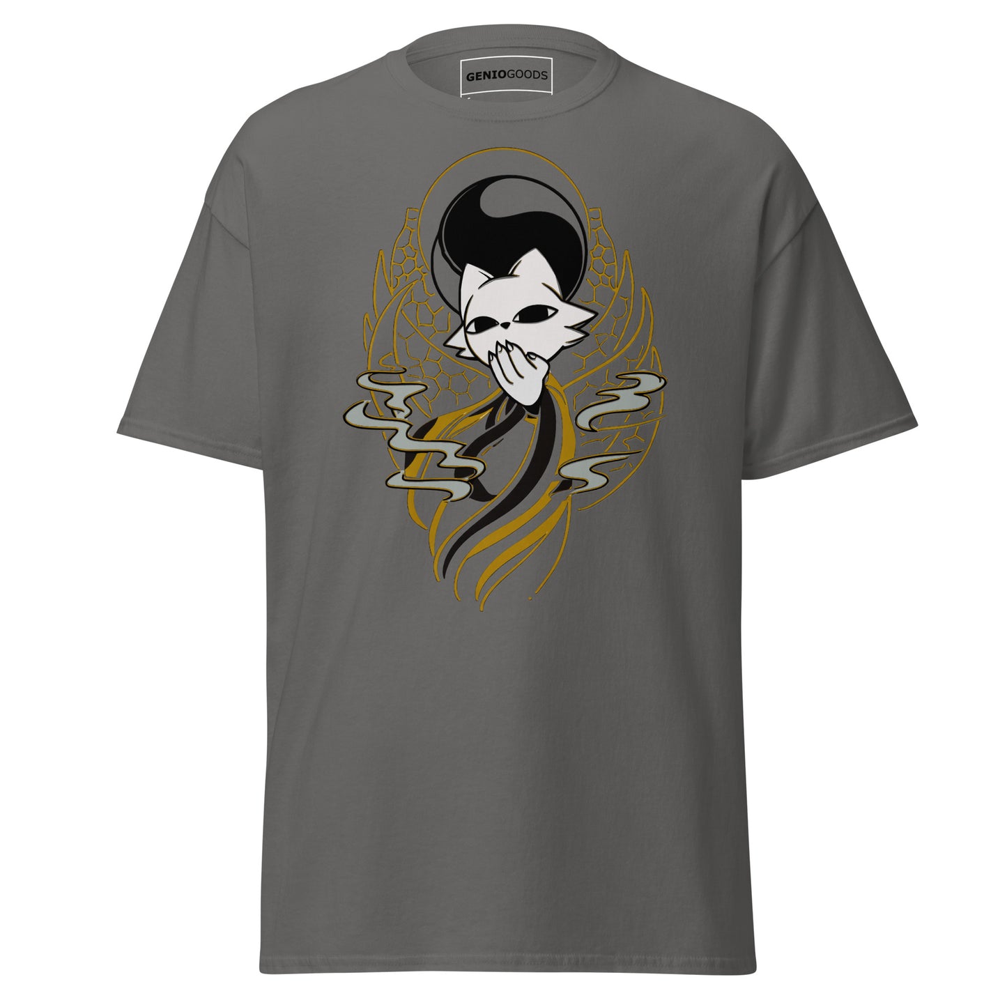 Front view of the charcoal Nine Sols Yin Yang Tee Balance Presence featuring a yin yang skull graphic with golden line details