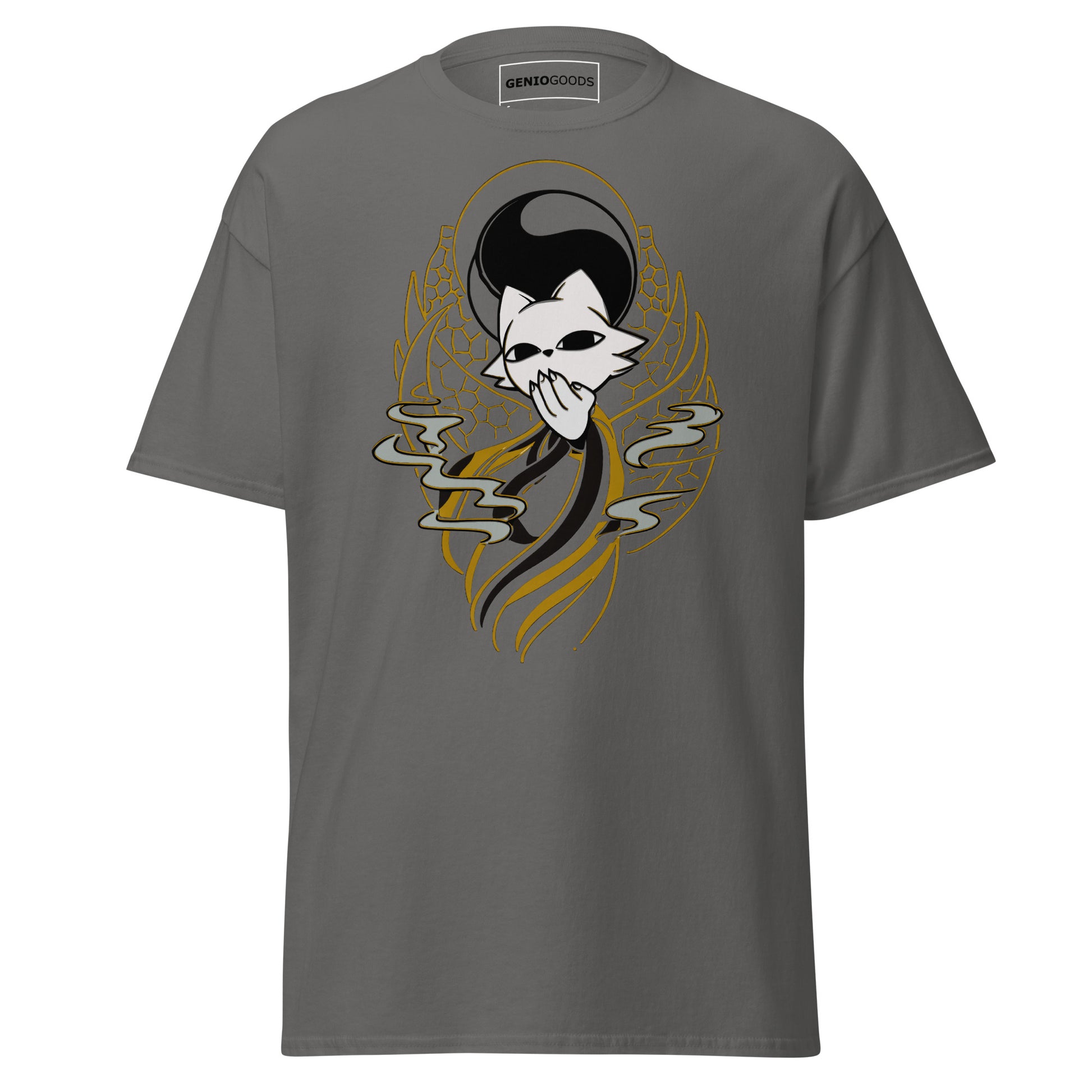 Front view of the charcoal Nine Sols Yin Yang Tee Balance Presence featuring a yin yang skull graphic with golden line details