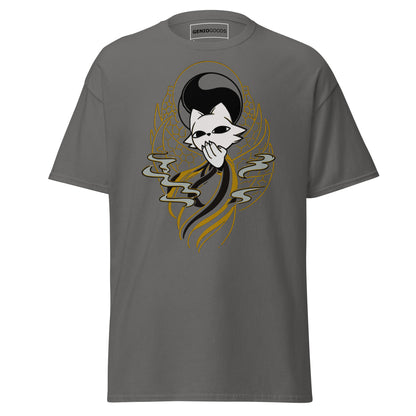 Front view of the charcoal Nine Sols Yin Yang Tee Balance Presence featuring a yin yang skull graphic with golden line details