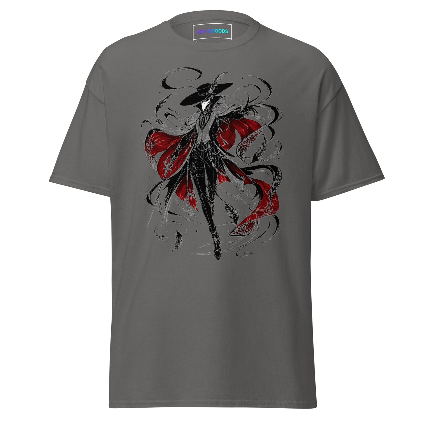 Front view of the Charcoal Crowsworn Crimson Wraith T-shirt with gothic dark fantasy graphic