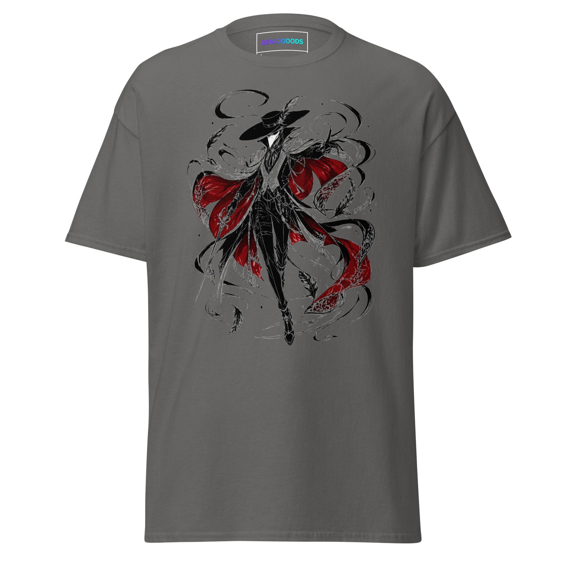 Front view of the Charcoal Crowsworn Crimson Wraith T-shirt with gothic dark fantasy graphic