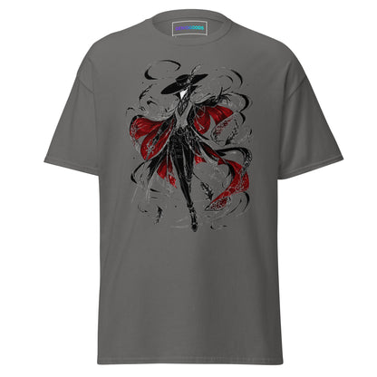 Front view of the Charcoal Crowsworn Crimson Wraith T-shirt with gothic dark fantasy graphic
