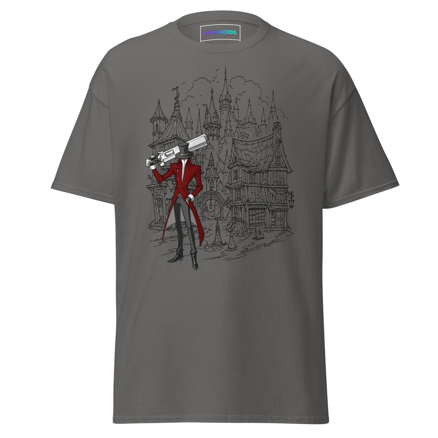Front view of the Charcoal Crowsworn Gothic Hunter T-shirt with dark fantasy ruined kingdom graphic