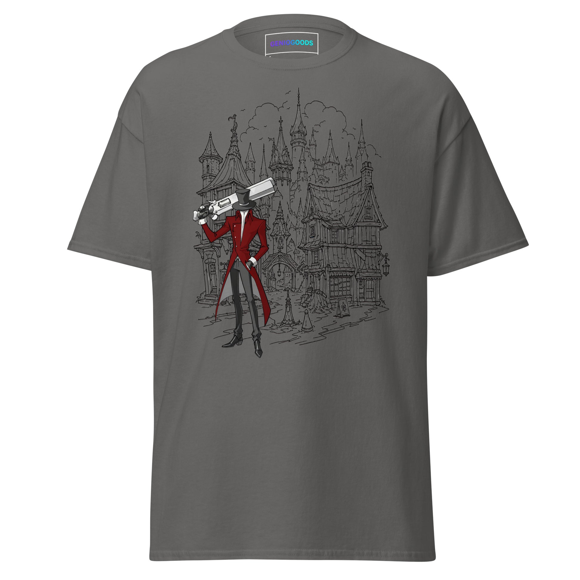 Front view of the Charcoal Crowsworn Gothic Hunter T-shirt with dark fantasy ruined kingdom graphic