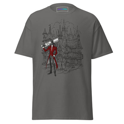 Front view of the Charcoal Crowsworn Gothic Hunter T-shirt with dark fantasy ruined kingdom graphic