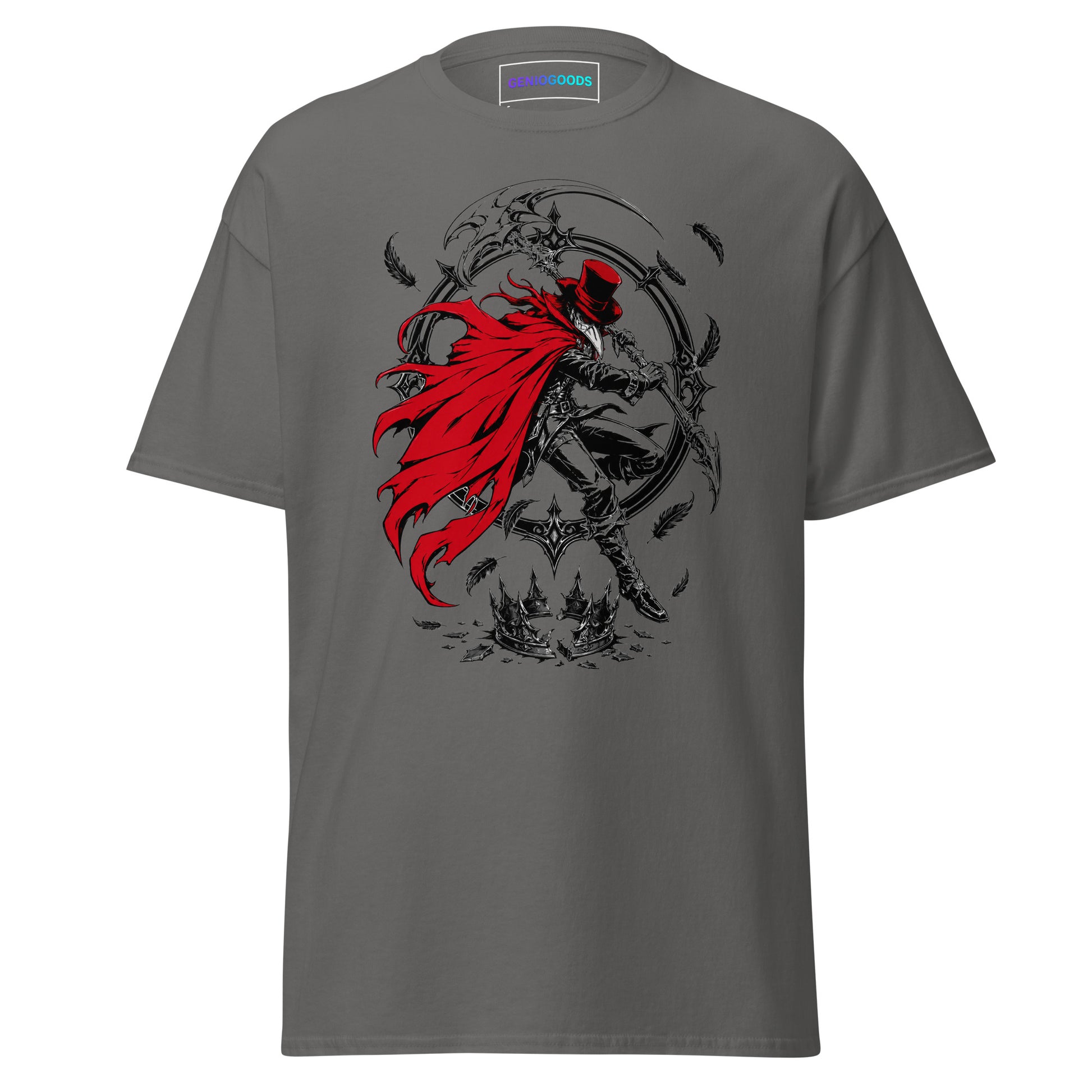 Gray Crowsworn Crimson Scythe T-shirt with red-caped warrior, raised scythe, dark feathers and gothic fantasy artwork.