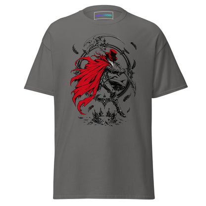Gray Crowsworn Crimson Scythe T-shirt with red-caped warrior, raised scythe, dark feathers and gothic fantasy artwork.