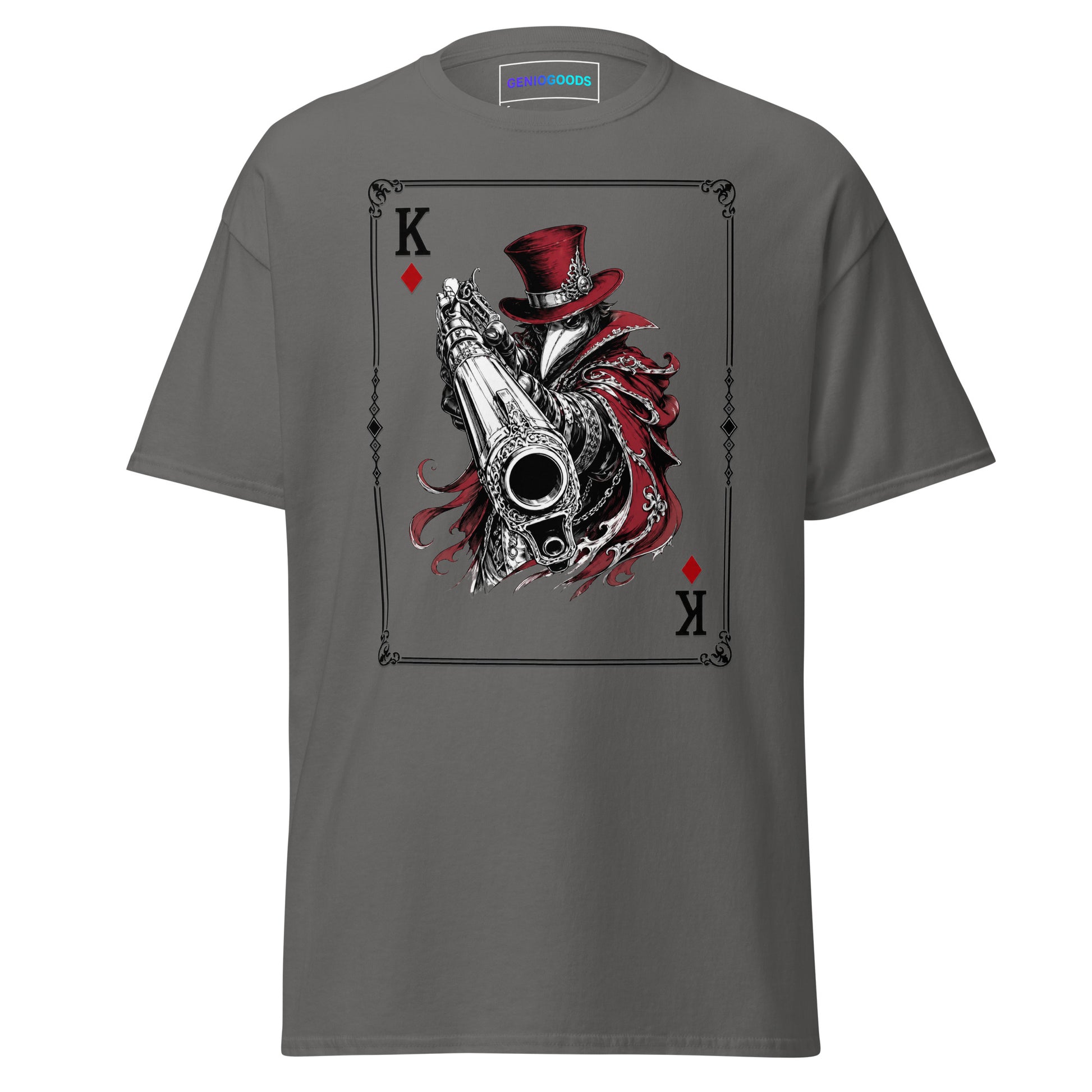 Front view of the Charcoal Crowsworn King of Diamonds T-shirt with crimson gambit card graphic