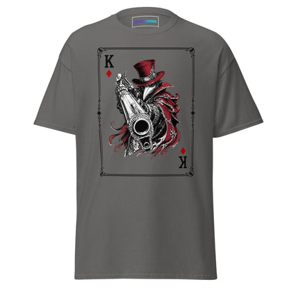 Front view of the Charcoal Crowsworn King of Diamonds T-shirt with crimson gambit card graphic