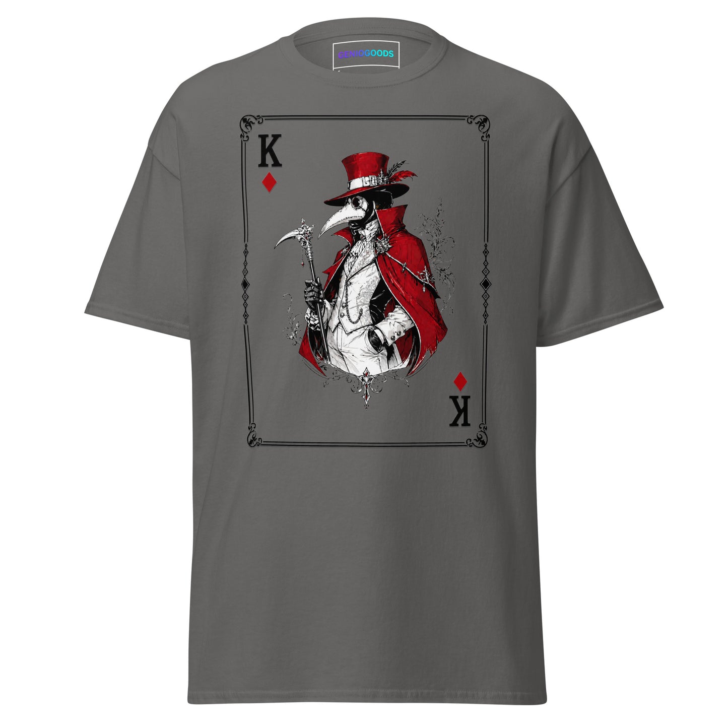 Front view of the Charcoal Crowsworn Masked King T-shirt with crimson card graphic