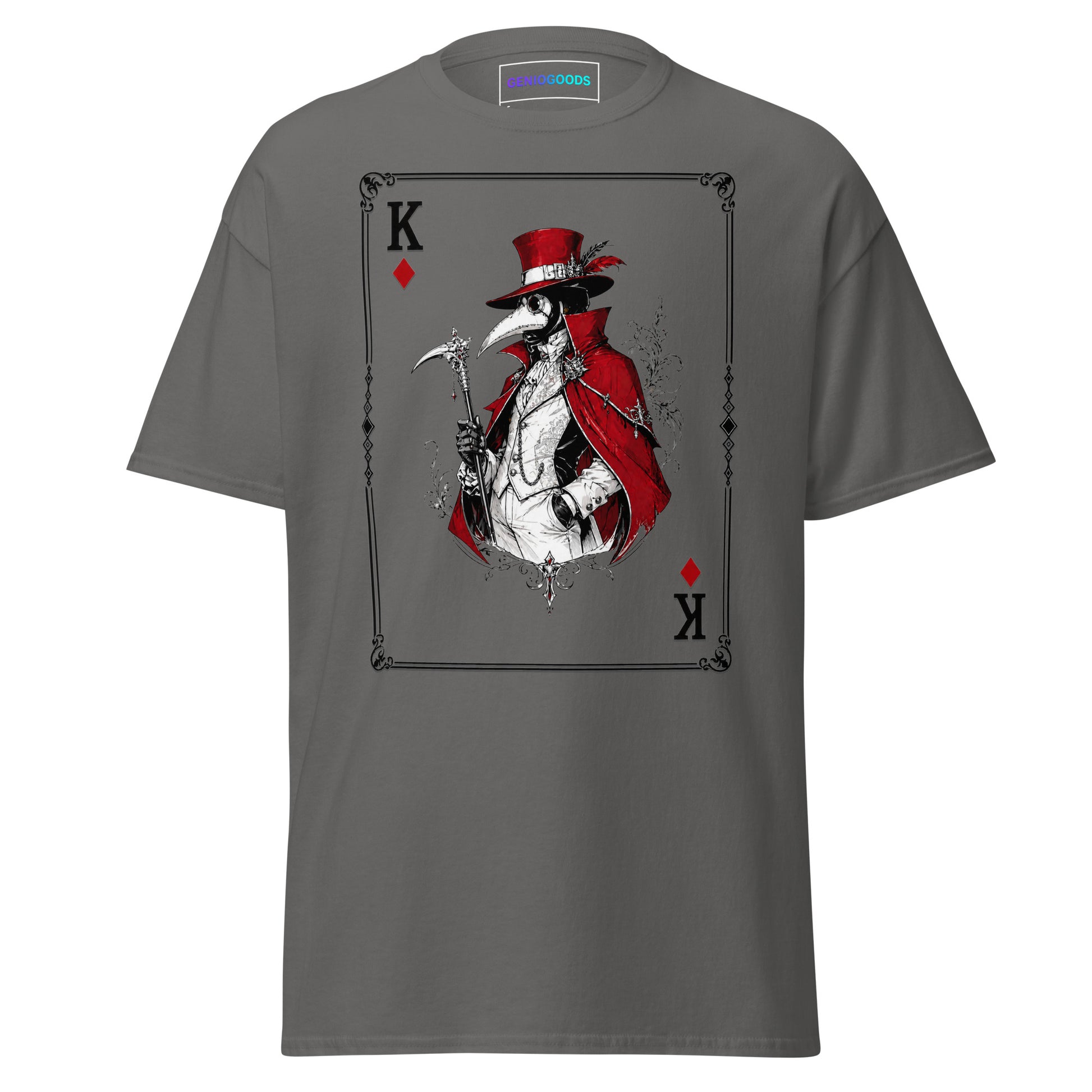 Front view of the Charcoal Crowsworn Masked King T-shirt with crimson card graphic