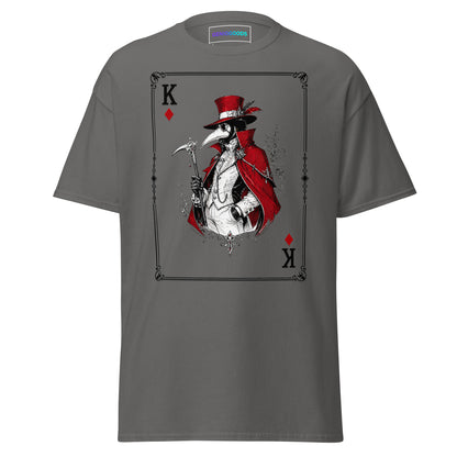 Front view of the Charcoal Crowsworn Masked King T-shirt with crimson card graphic