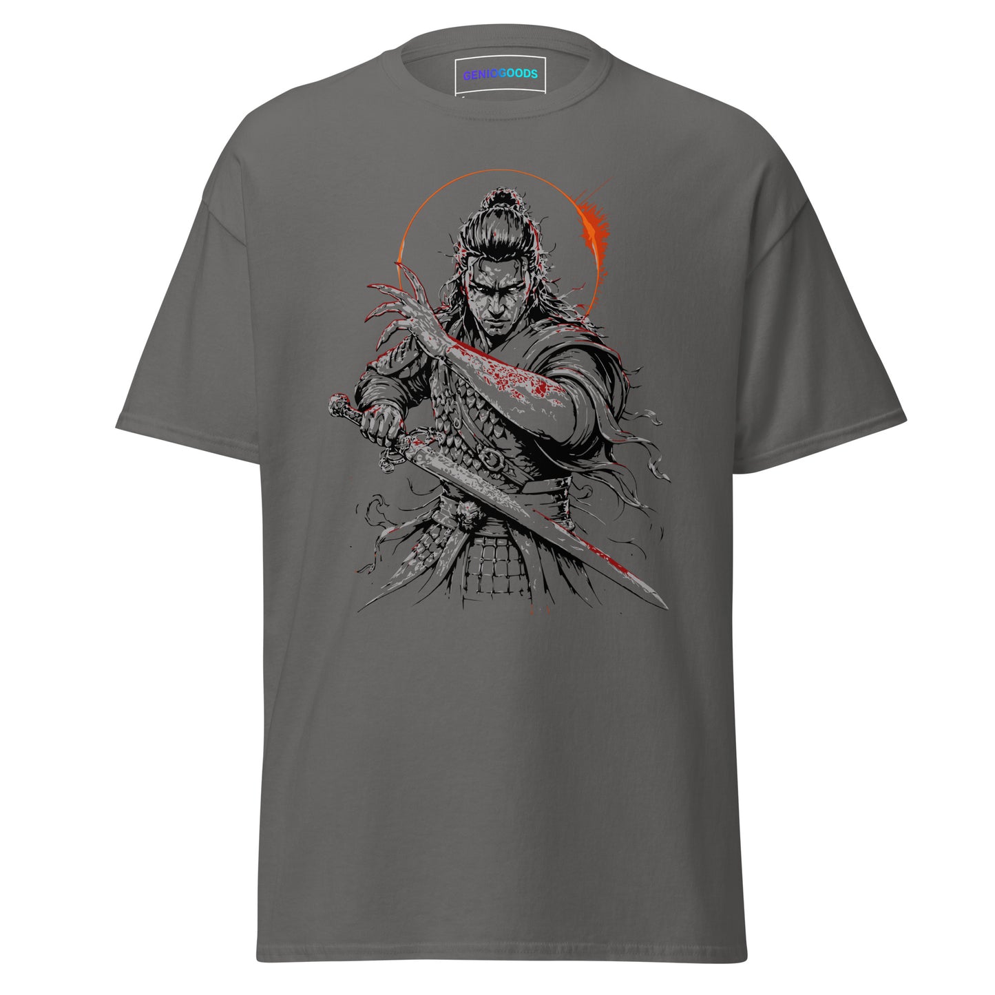 Front view of The Blood of Dawnwalker Coen Sword T-Shirt with Coen blade artwork on a charcoal tee