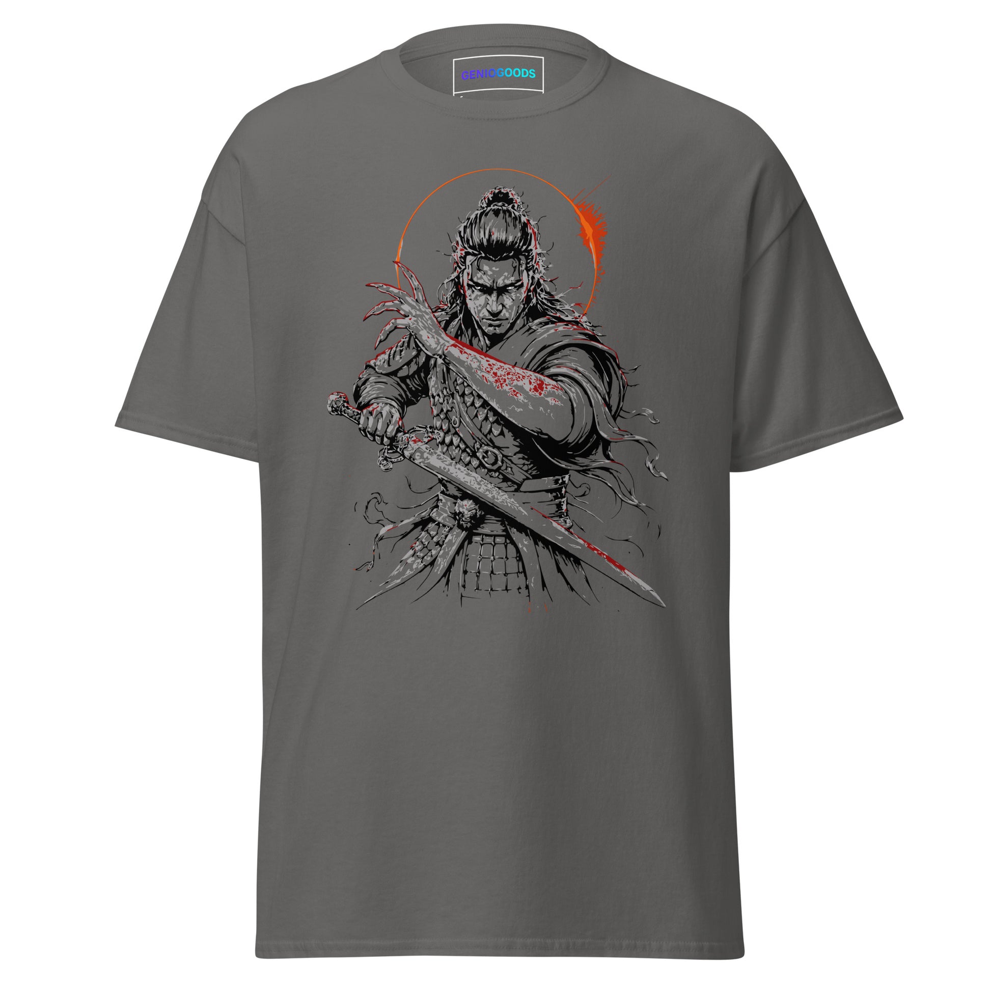 Front view of The Blood of Dawnwalker Coen Sword T-Shirt with Coen blade artwork on a charcoal tee