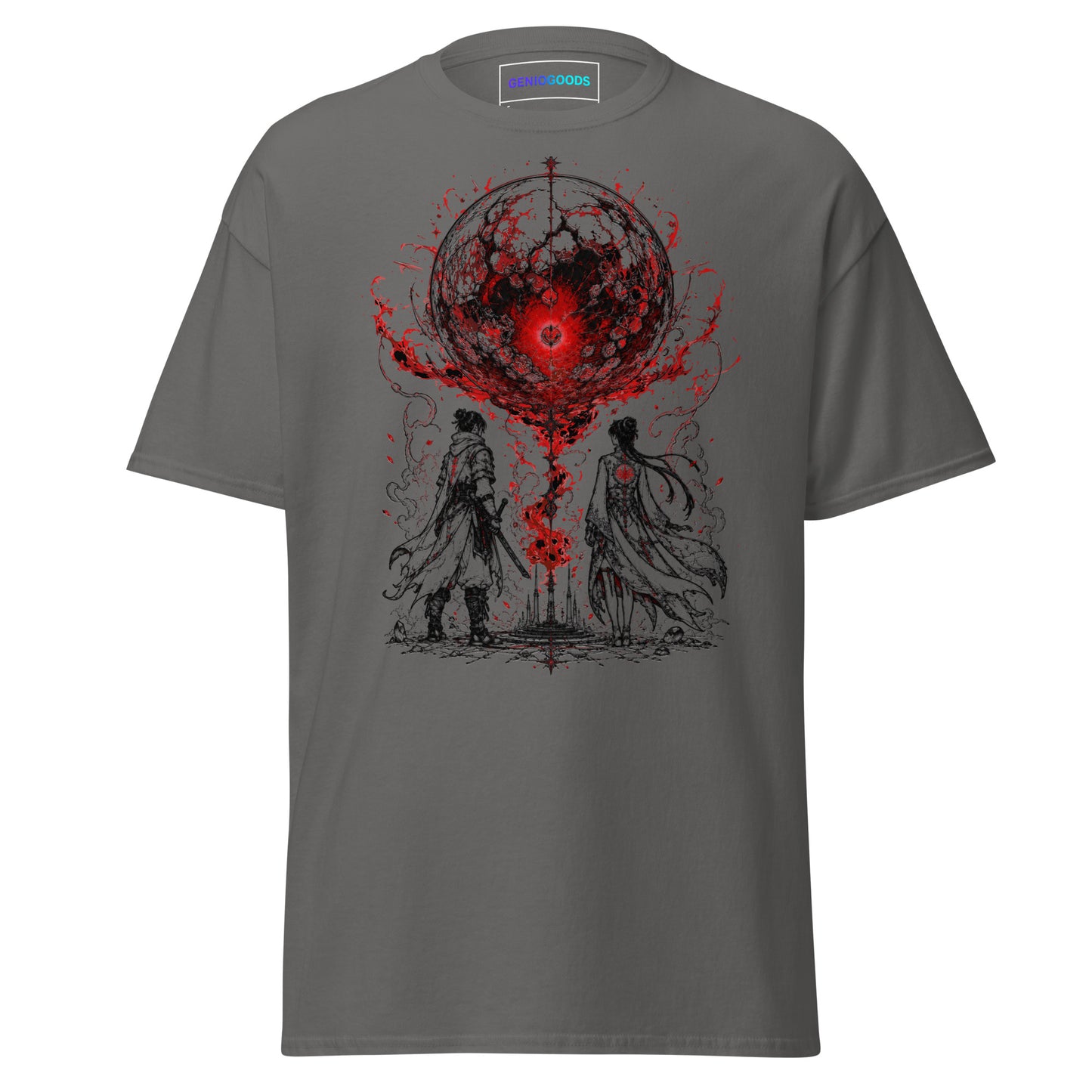 Front view of The Blood of Dawnwalker Crimson Eclipse T-Shirt with crimson eclipse artwork across the front of the tee