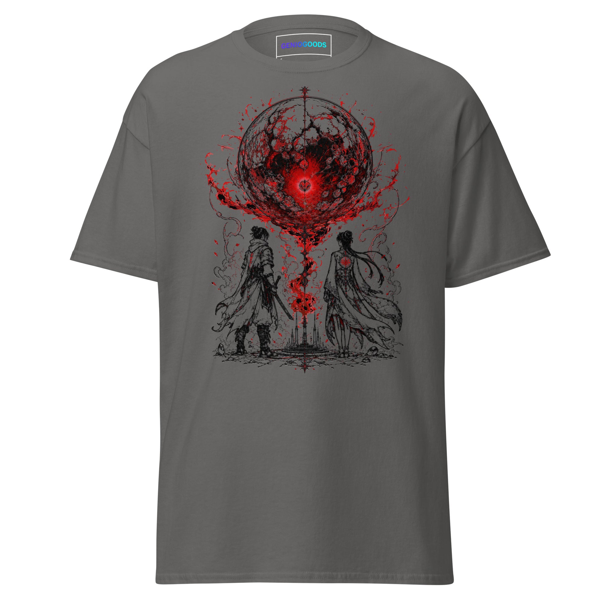Front view of The Blood of Dawnwalker Crimson Eclipse T-Shirt with crimson eclipse artwork across the front of the tee
