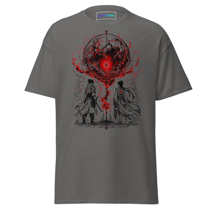Front view of The Blood of Dawnwalker Crimson Eclipse T-Shirt with crimson eclipse artwork across the front of the tee