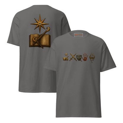 Front and back view of the Oblivion Mages Guild Shirt – Arcane Emblem Design with chest symbols and large back graphic