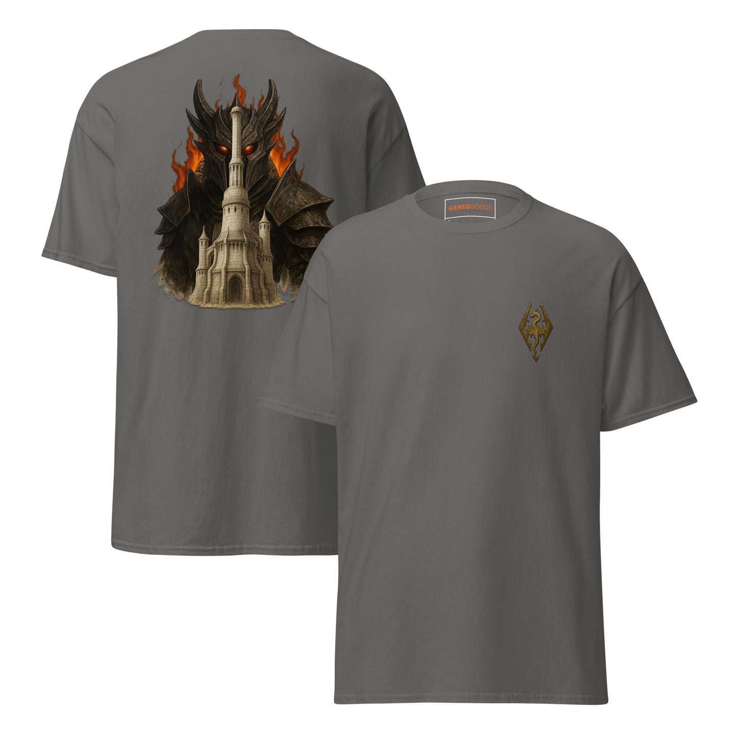 Front and back view of the Charcoal Oblivion Imperial City Shirt – White Gold Tower Design with chest sigil and large White Gold Tower back graphic
