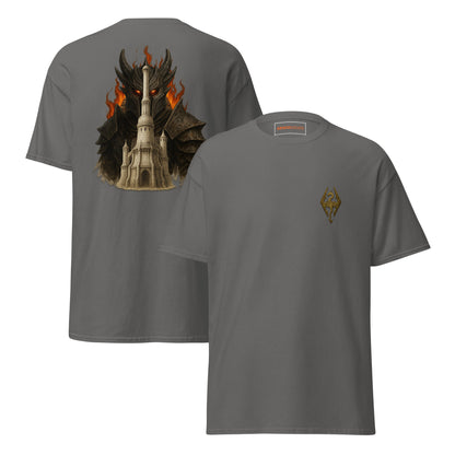 Front and back view of the Charcoal Oblivion Imperial City Shirt – White Gold Tower Design with chest sigil and large White Gold Tower back graphic