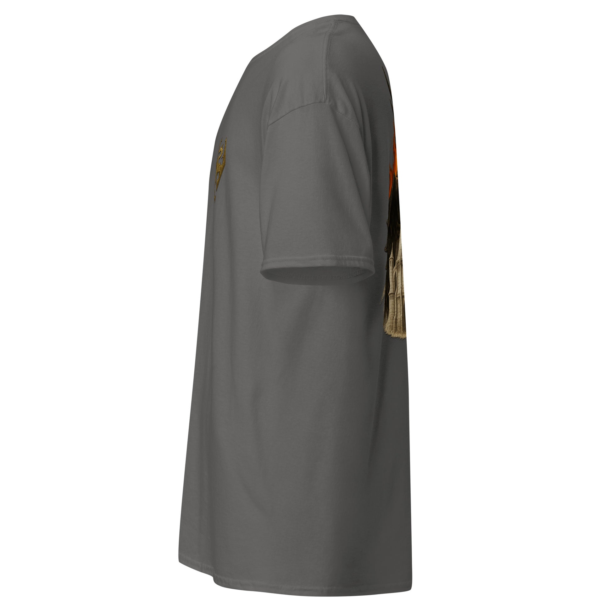 Left side view of the Charcoal Oblivion Imperial City Shirt – White Gold Tower Design highlighting side silhouette and fit