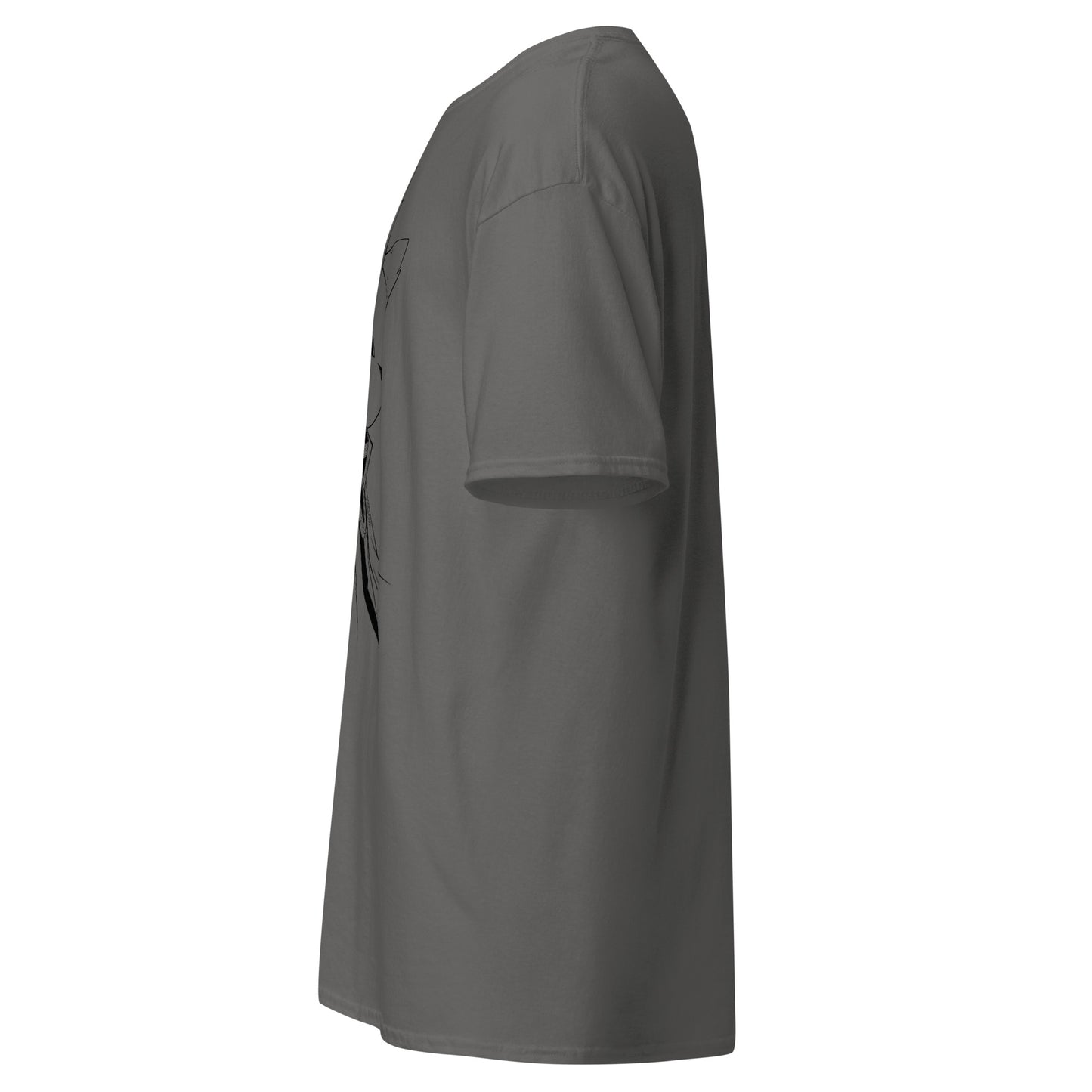 Left side view of the charcoal Nine Sols Silent Resolve Taopunk Portrait T-Shirt with partial front portrait visible along the side
