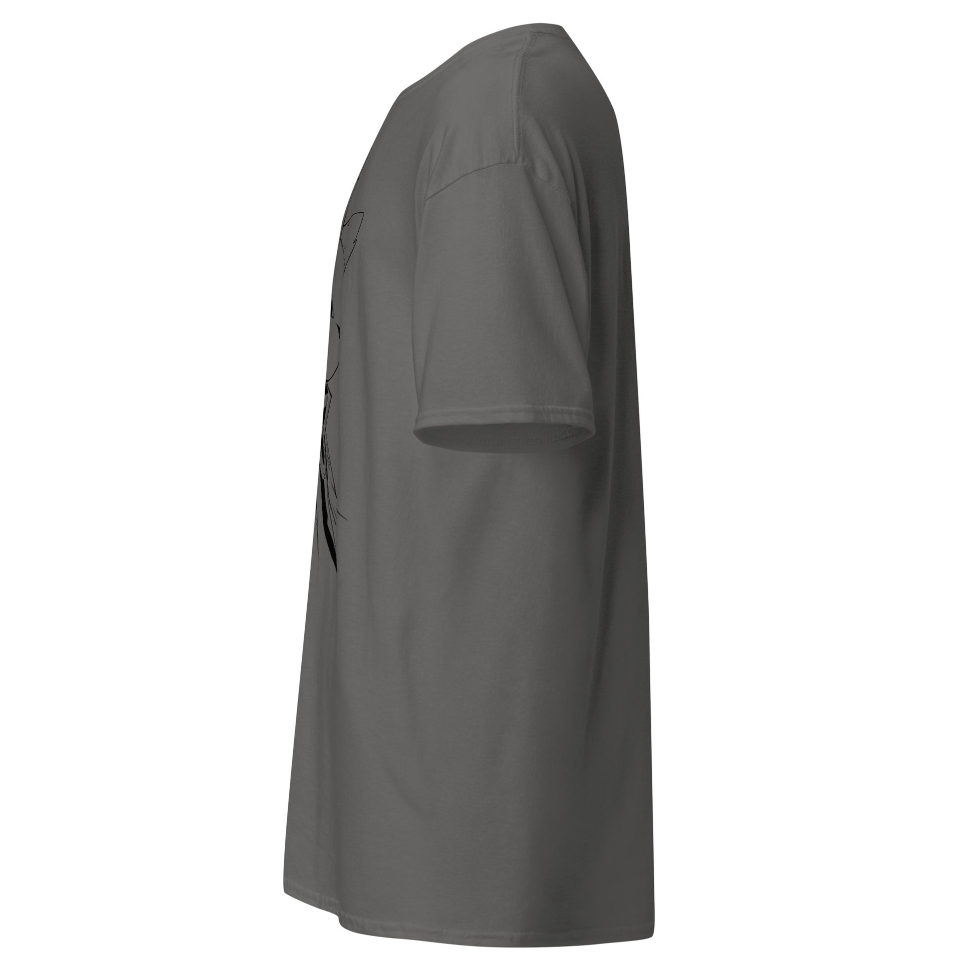 Left side view of the charcoal Nine Sols Silent Resolve Taopunk Portrait T-Shirt with partial front portrait visible along the side