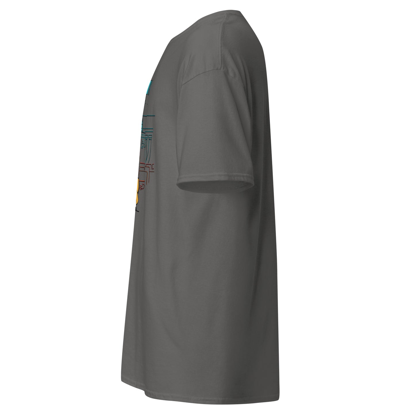Left side view of the charcoal Nine Sols Taopunk Tee Shrine of Silent Presence with partial front design visible along the side
