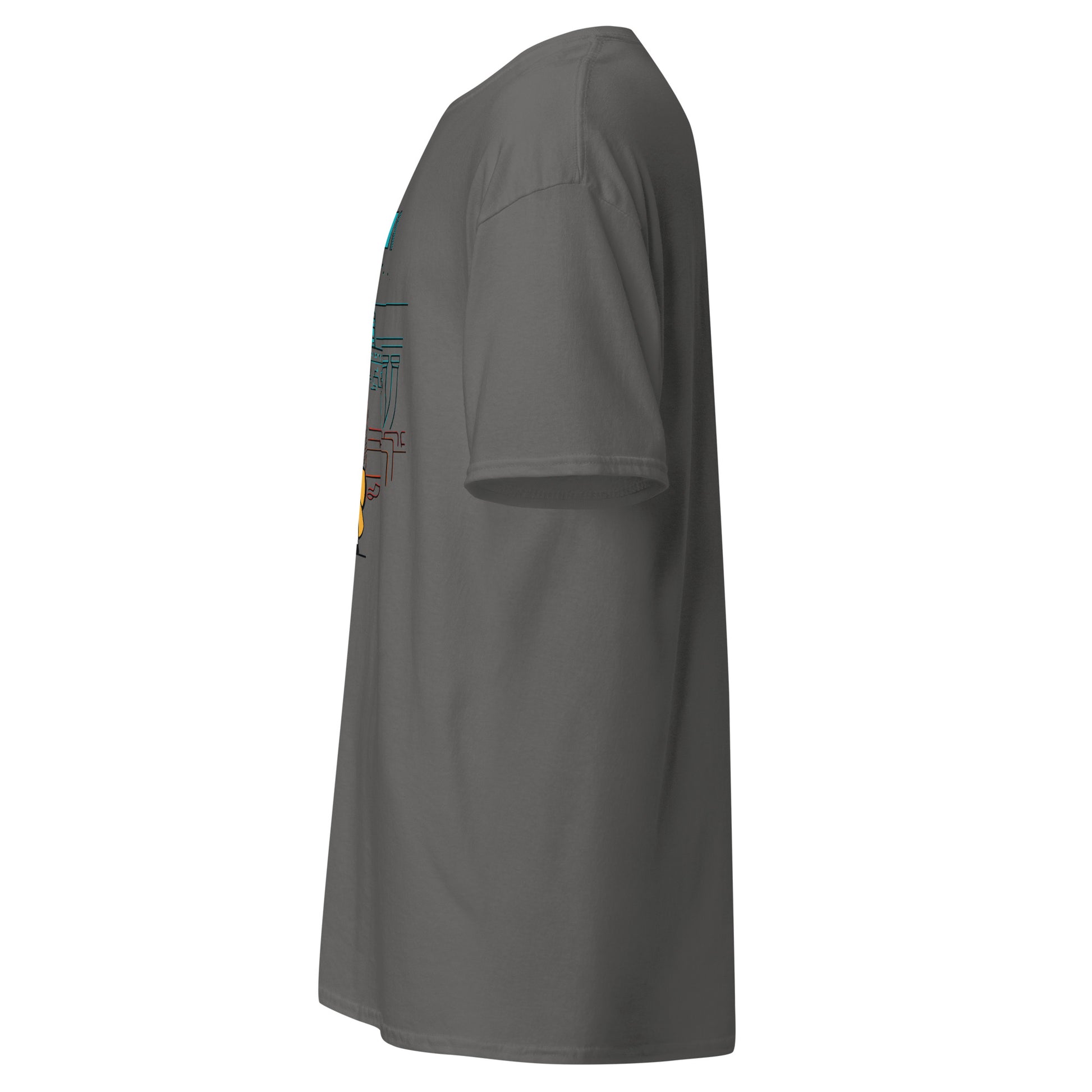 Left side view of the charcoal Nine Sols Taopunk Tee Shrine of Silent Presence with partial front design visible along the side