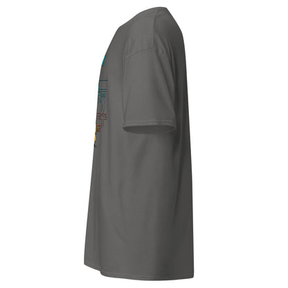 Left side view of the charcoal Nine Sols Taopunk Tee Shrine of Silent Presence with partial front design visible along the side